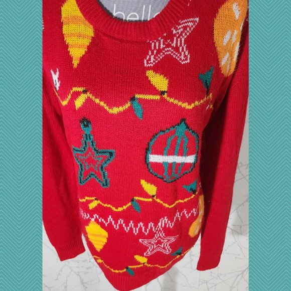 Happy Holidays Red Christmas Lights Ornaments Printed Crewneck Sweater - Picture 2 of 5